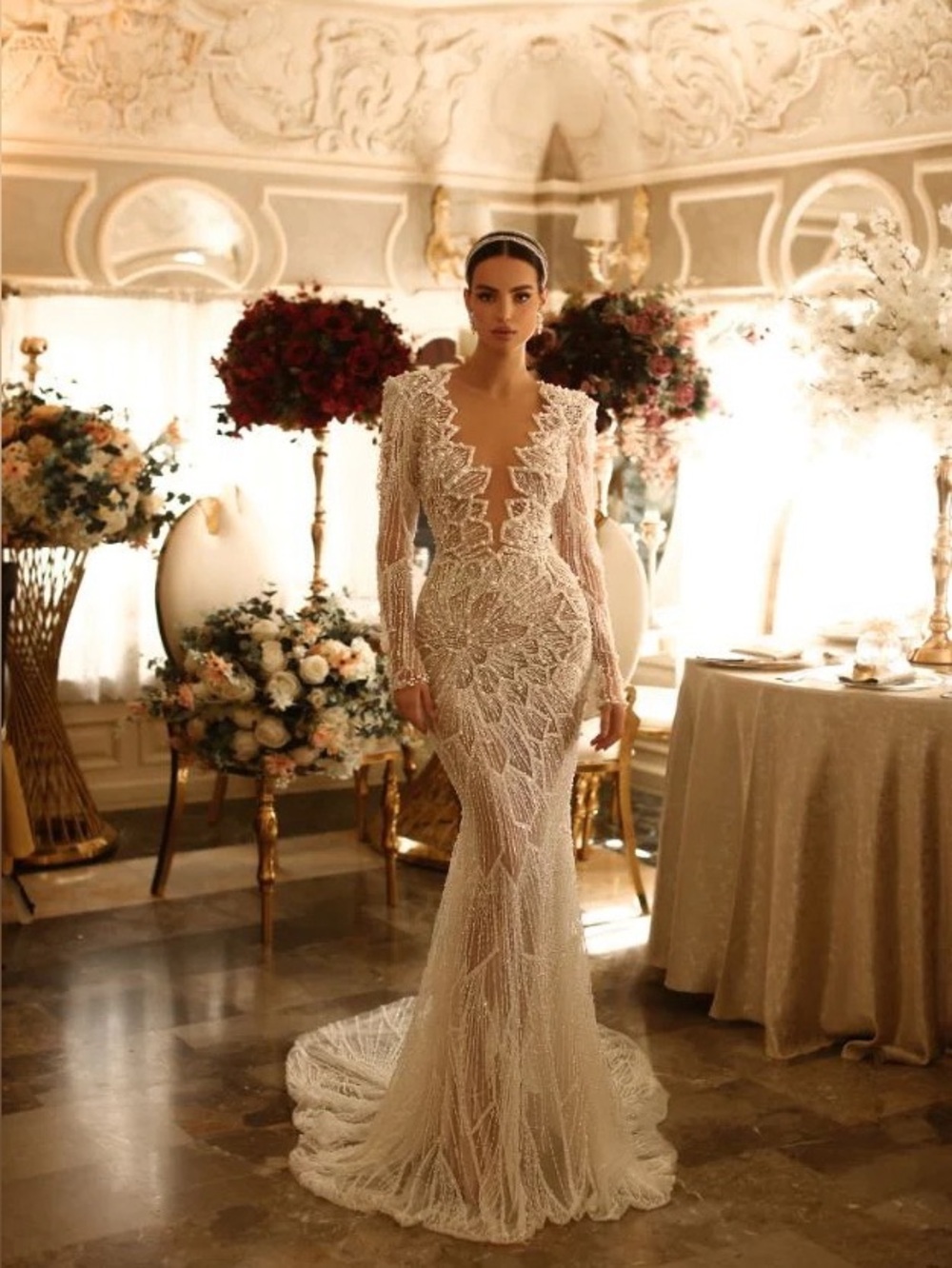 Elegant Ivory Lace Beaded Long-Sleeve Mermaid Dress